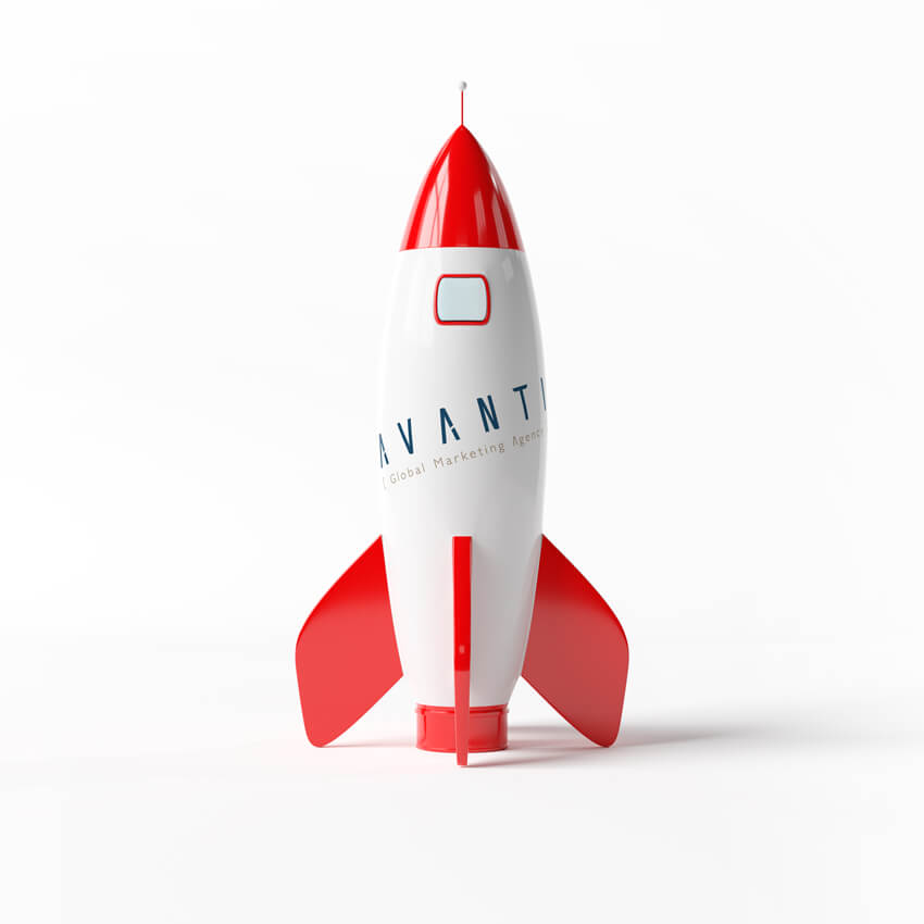 Fusée rouge et blanche avec le logo Avanti